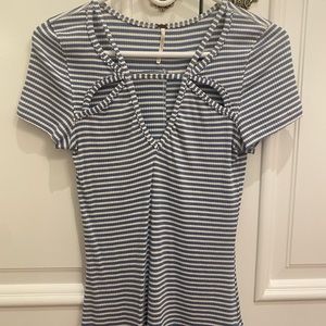 V necked, blue and white t-shirt